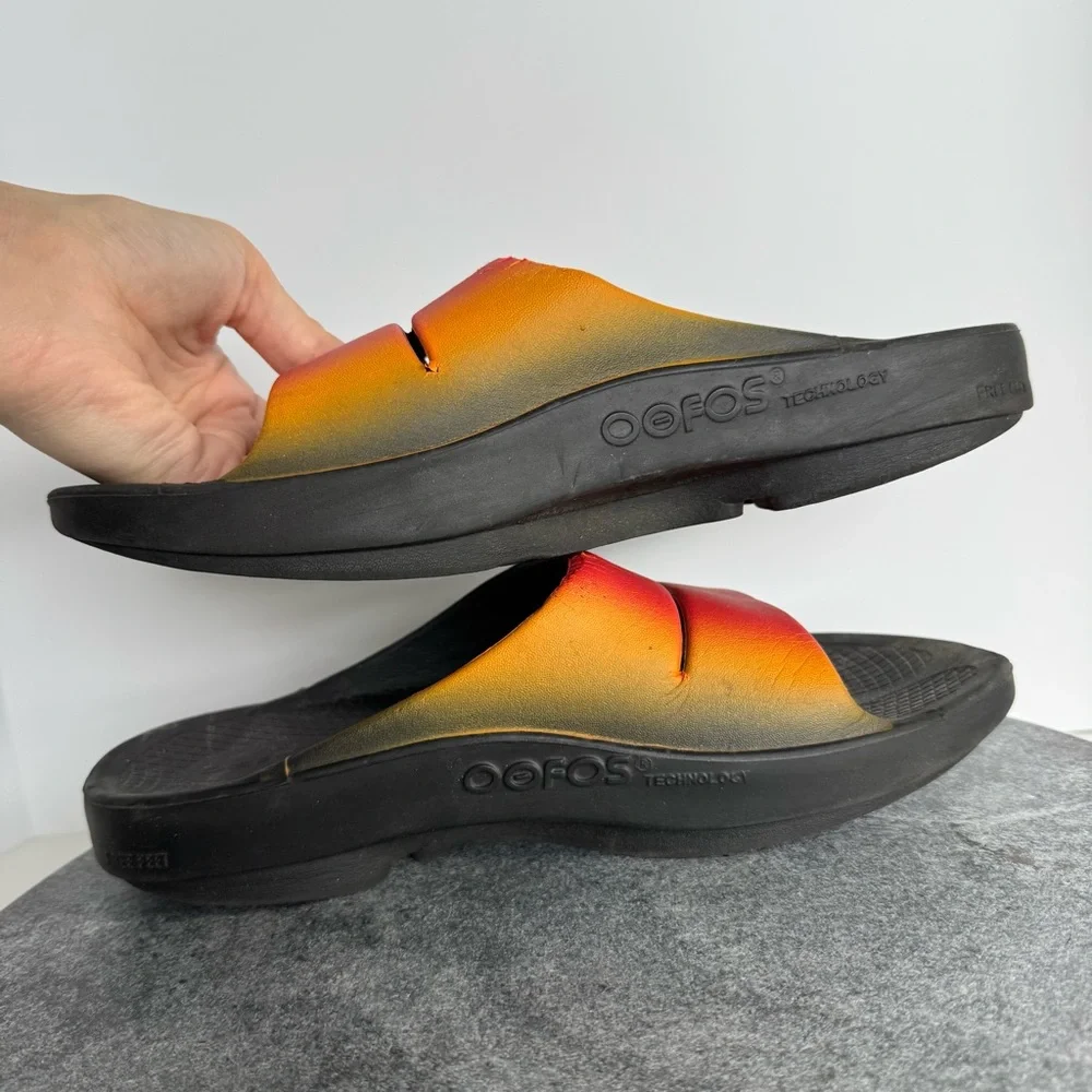 Oofos Ooah Slides Ombre Yellow Red Logo Black 8 10